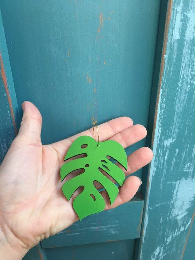 Giant Green Monstera Leaf Hoops Earrings