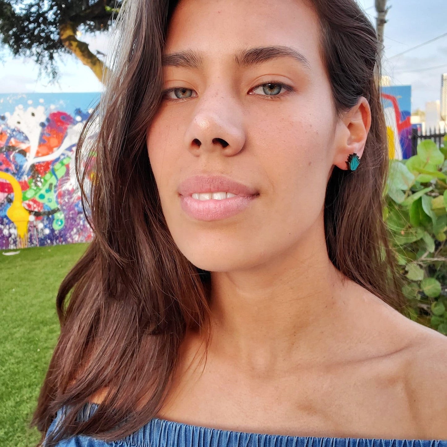 Girl in Wynwood, wearing Agave Earrings