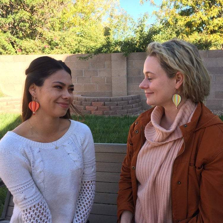 Girl wearing Hot Air Balloon Earrings , New Mexico