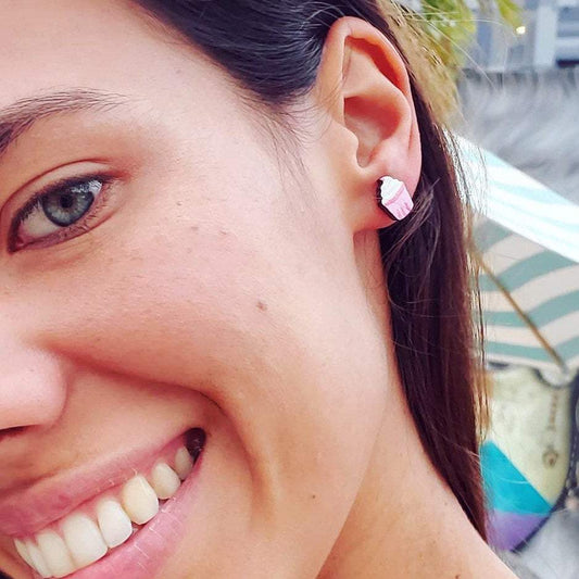 Girl wearing Pink Cupcake Studs Earrings