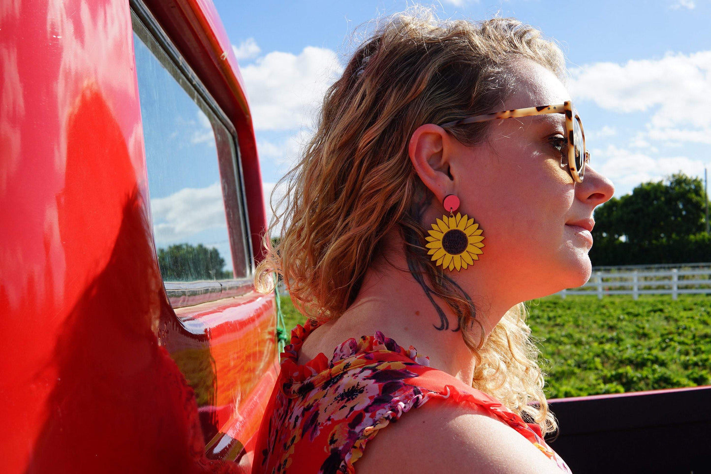 Girl wearing Sunflower Dangle Earrings