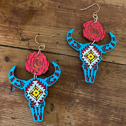 Cow Skull Rose Dangles - 2 Colors Available