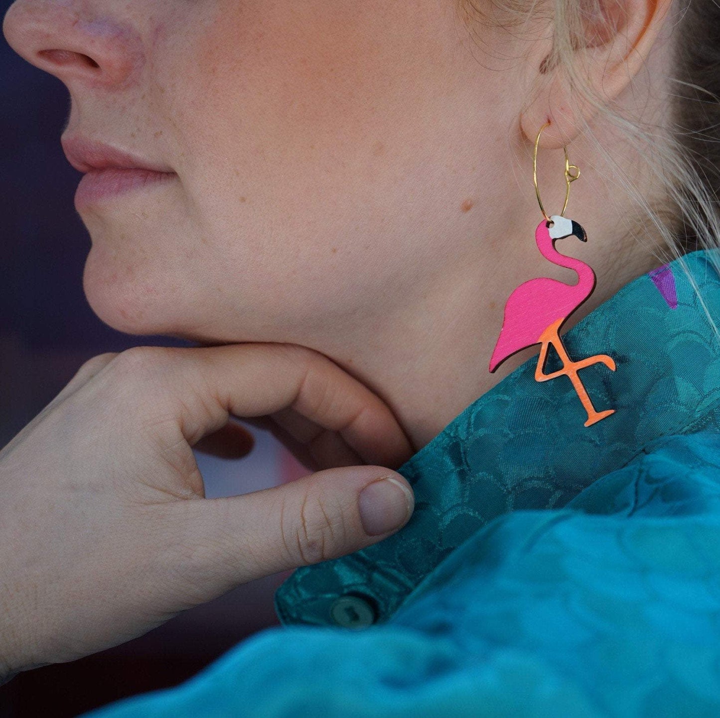 Girl wearing Neon Flamingo Hoops Earrings