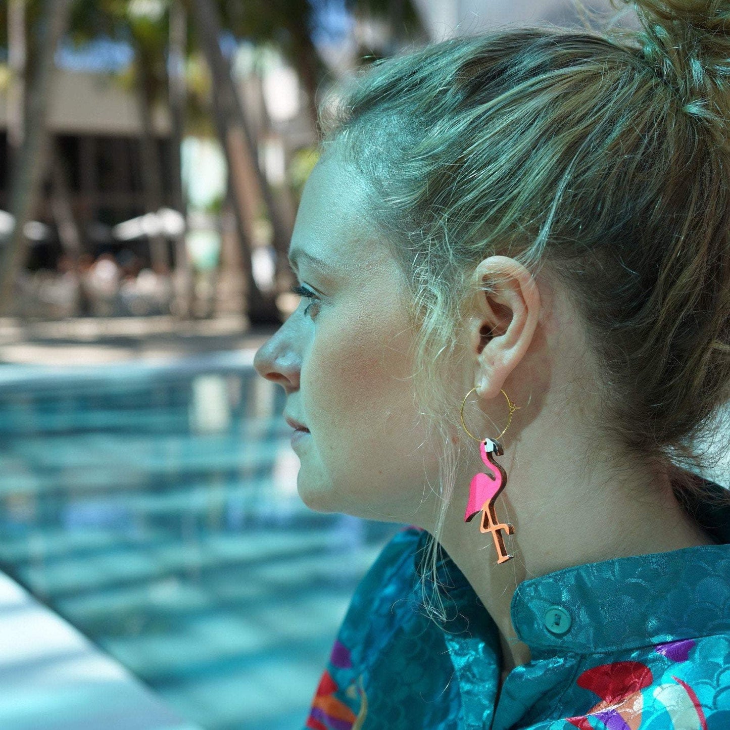 Girl wearing Neon Flamingo Hoops Earrings