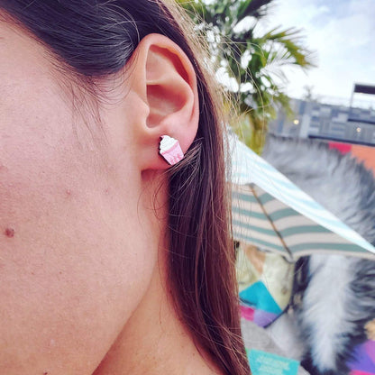 Girl wearing Pink Cupcake Studs Earrings