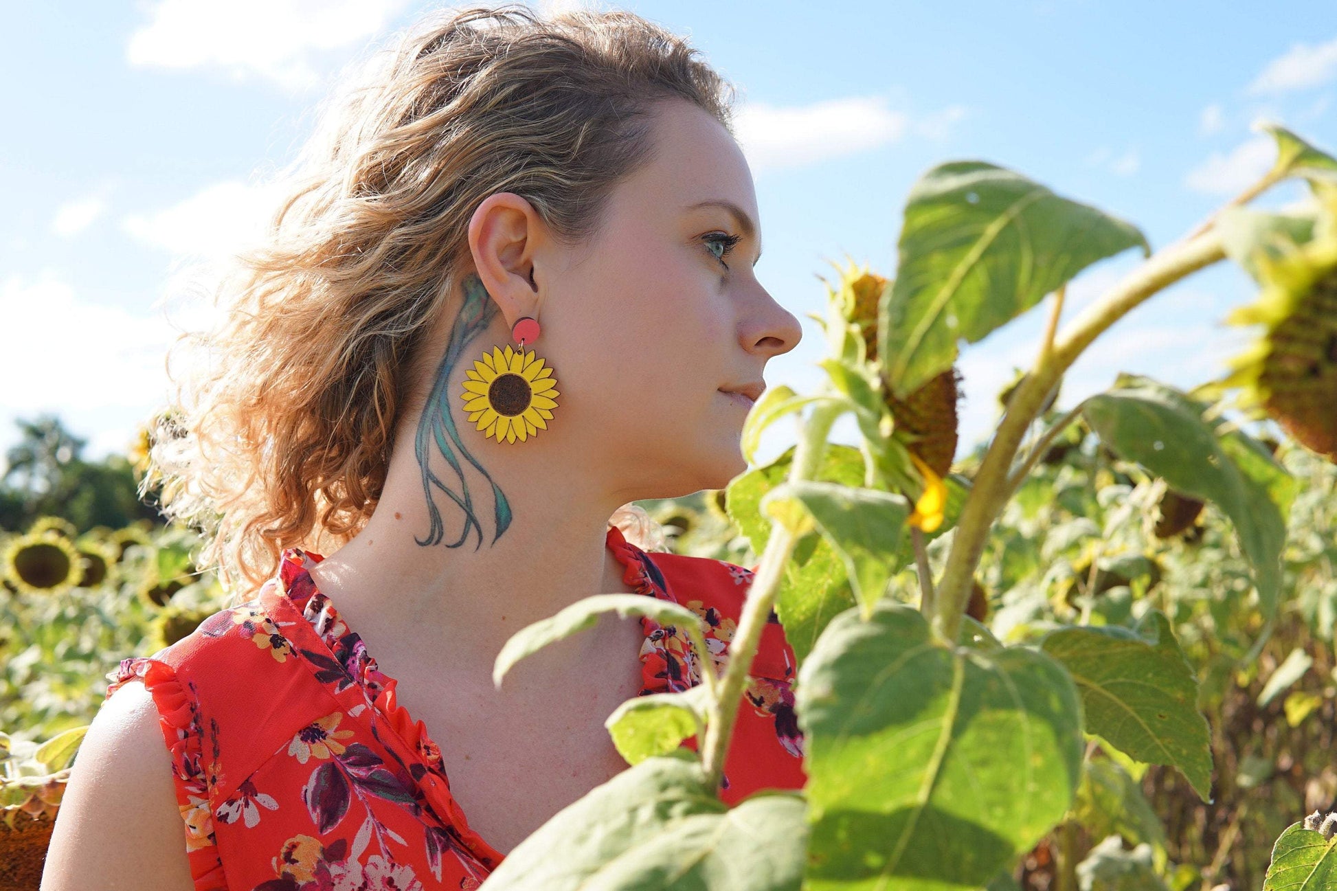 Girl wearing Sunflower Dangle Earrings